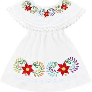 White Embroidered Off-Shoulder Dress with Red Floral Detail